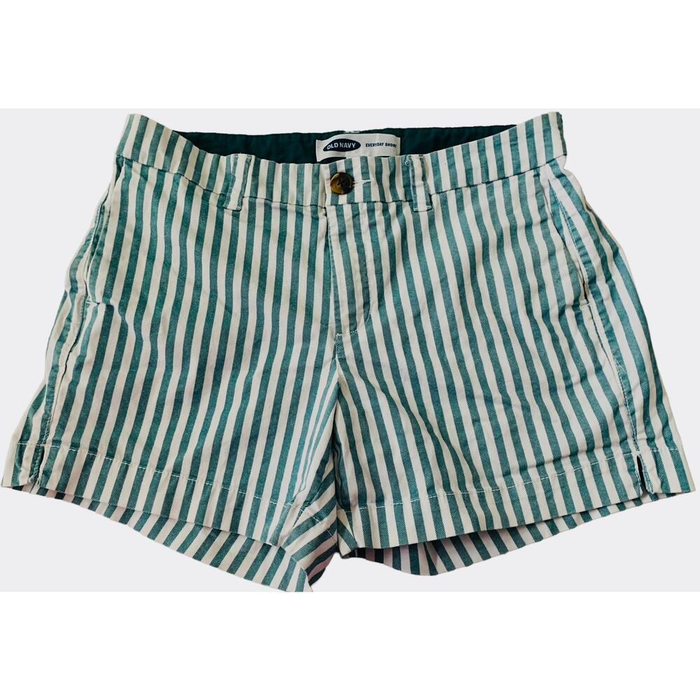 OLD NAVY EVERYDAY SHORT, WOMENS, 4, GREEN & WHITE VERTICAL STRIPES, MID-RISE